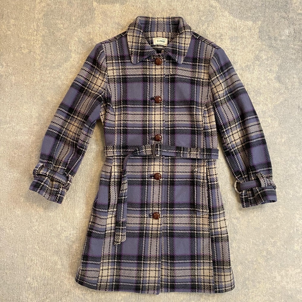 L.L. Bean Purple and Black Plaid Wool-Blend Pea Coat with Belt